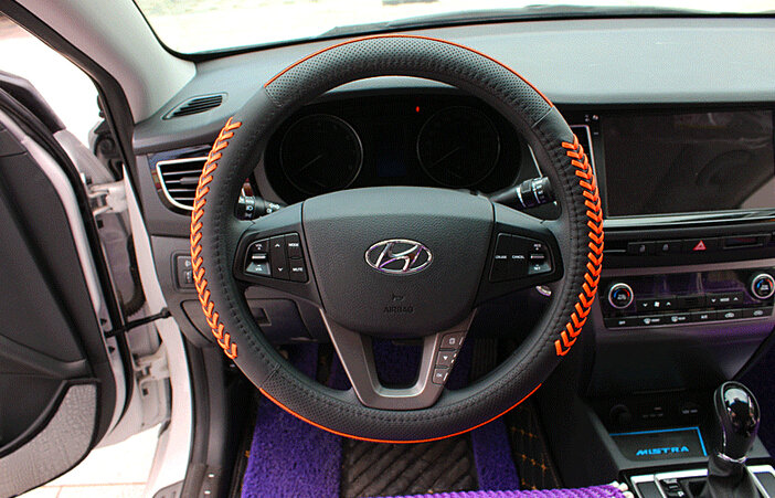 Fashion Knitting Auto Steering Wheel Wrap Genuine Leather 15 Inch 38CM - Black Orange