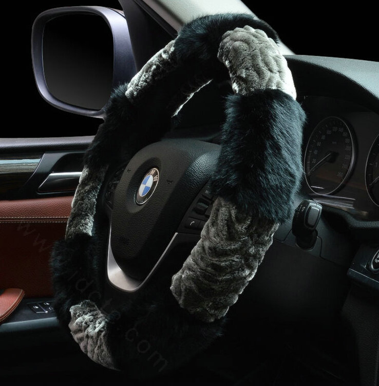 Fluffy Auto Steering Wheel Wrap Velvet 15 Inch 38CM - Black Grey