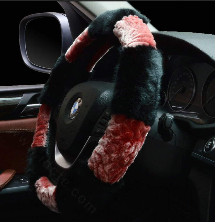 Fluffy Auto Steering Wheel Wrap Velvet 15 Inch 38CM - Black Red