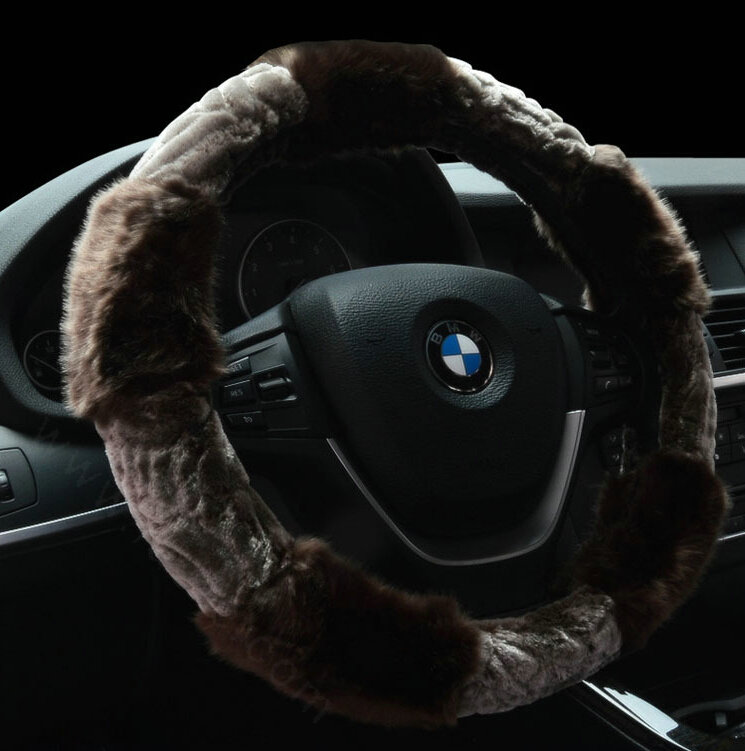 Fluffy Auto Steering Wheel Wrap Velvet 15 Inch 38CM - Brown