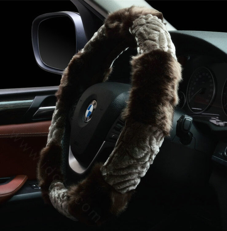 Fluffy Auto Steering Wheel Wrap Velvet 15 Inch 38CM - Brown