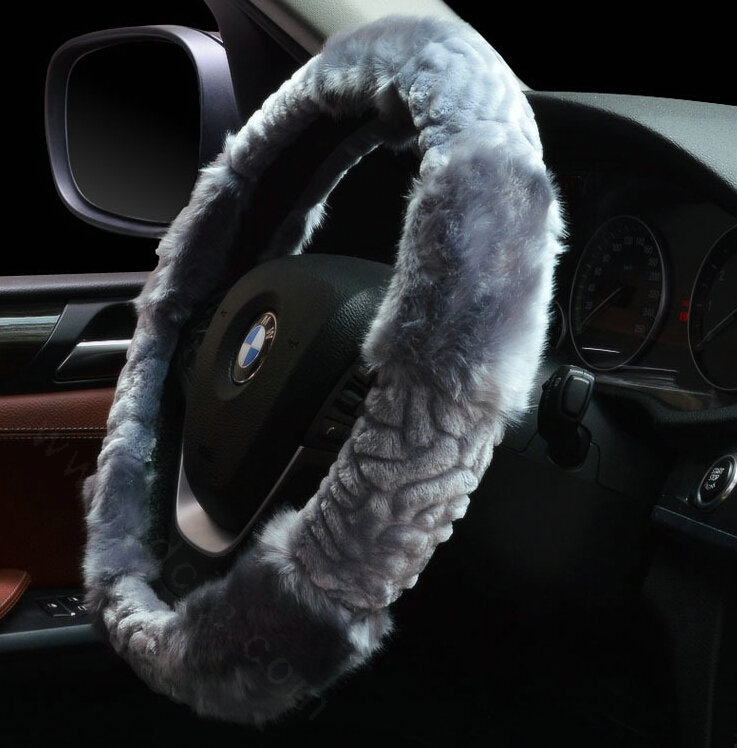 Fluffy Cute Auto Steering Wheel Covers Velvet 15 Inch 38CM - Grey