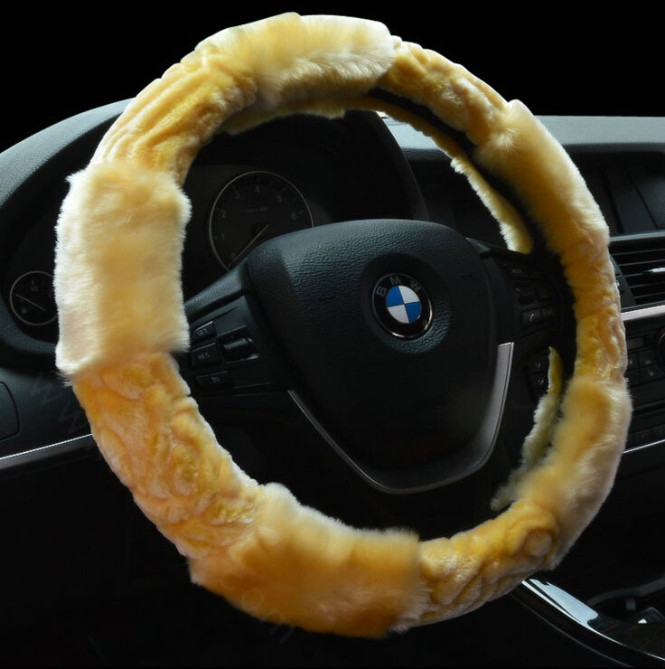 Fluffy Cute Auto Steering Wheel Covers Velvet 15 Inch 38CM - Yellow