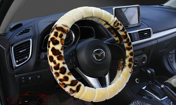 Fluffy Leopard Print Car Steering Wheel Wrap Velvet 15 Inch 38CM - Beige
