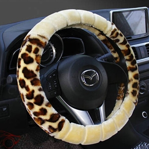 Fluffy Leopard Print Car Steering Wheel Wrap Velvet 15 Inch 38CM - Beige