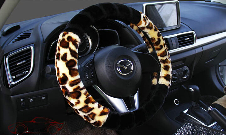 Fluffy Leopard Print Car Steering Wheel Wrap Velvet 15 Inch 38CM - Black