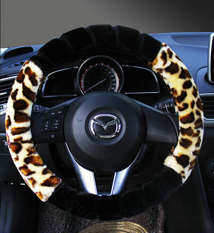 Fluffy Leopard Print Car Steering Wheel Wrap Velvet 15 Inch 38CM - Black