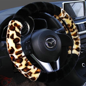 Fluffy Leopard Print Car Steering Wheel Wrap Velvet 15 Inch 38CM - Black