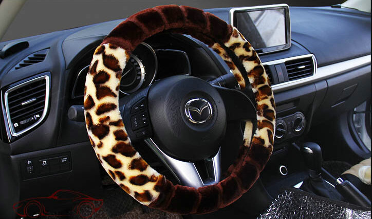Fluffy Leopard Print Car Steering Wheel Wrap Velvet 15 Inch 38CM - Brown