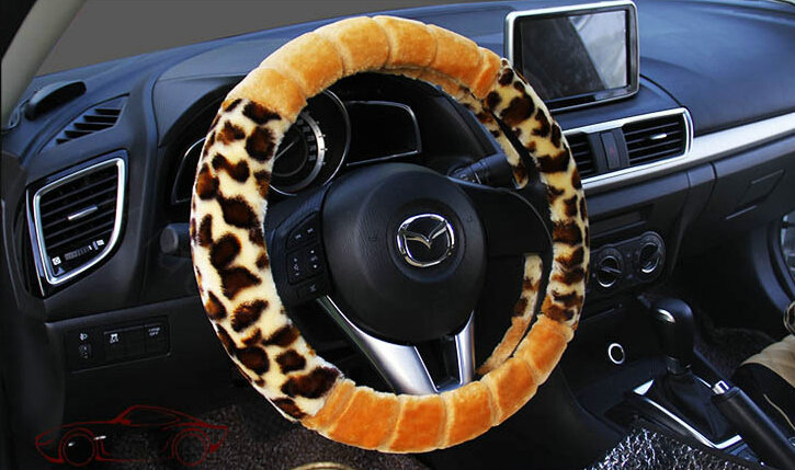Fluffy Leopard Print Car Steering Wheel Wrap Velvet 15 Inch 38CM - Gold