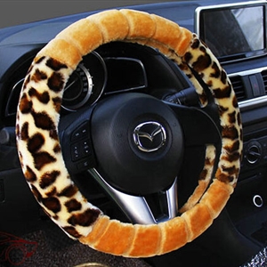 Fluffy Leopard Print Car Steering Wheel Wrap Velvet 15 Inch 38CM - Gold