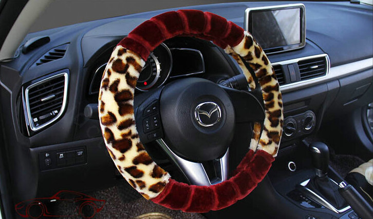 Fluffy Leopard Print Car Steering Wheel Wrap Velvet 15 Inch 38CM - Red