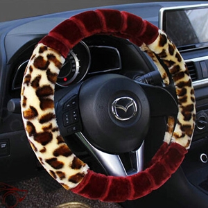 Fluffy Leopard Print Car Steering Wheel Wrap Velvet 15 Inch 38CM - Red
