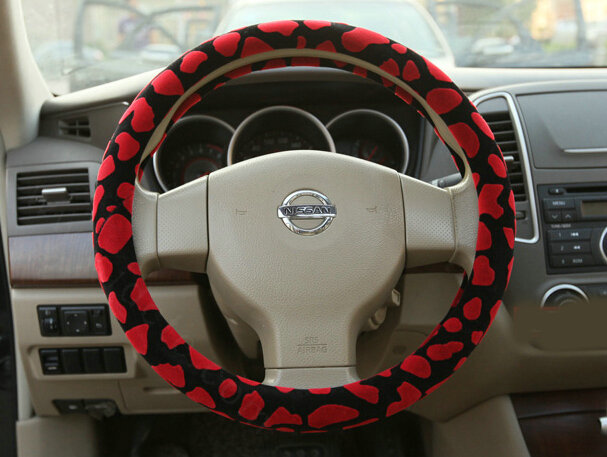 Free Leopard Print Auto Steering Wheel Covers Velvet 15 Inch 38CM - Red