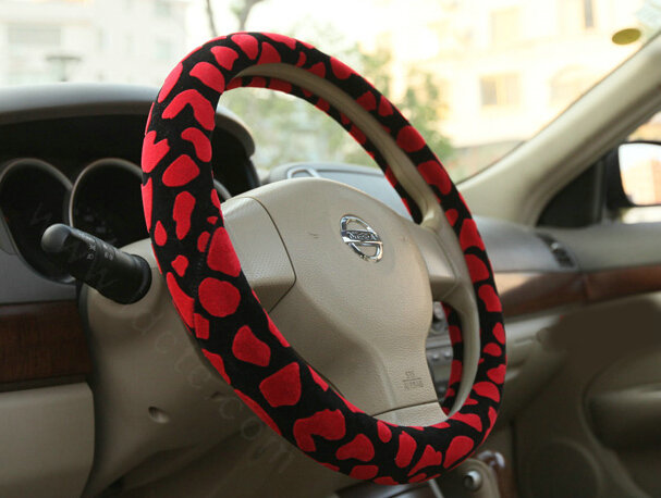 Free Leopard Print Auto Steering Wheel Covers Velvet 15 Inch 38CM - Red