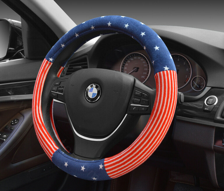 Free Polka Dot Auto Steering Wheel Wrap Velvet 15 Inch 38CM - Blue Red