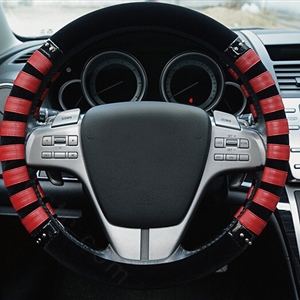 Fringe Car Steering Wheel Wrap Velvet 15 Inch 38CM - Black Red