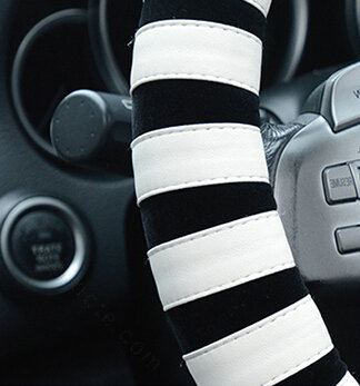 Fringe Car Steering Wheel Wrap Velvet 15 Inch 38CM - Black White