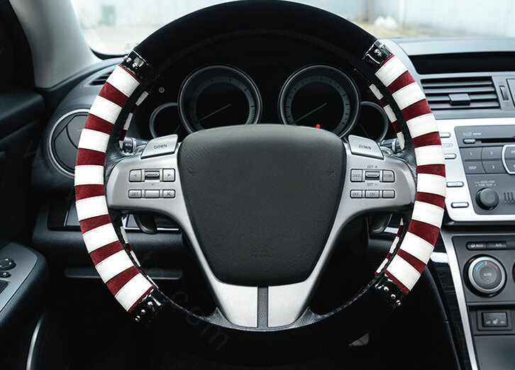 Fringe Car Steering Wheel Wrap Velvet 15 Inch 38CM - Red White