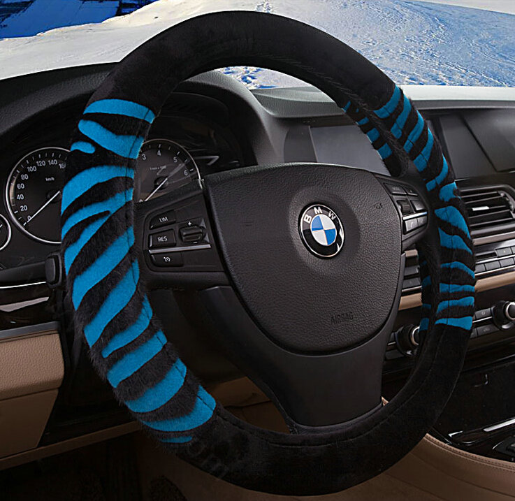Fringe Zebra Print Car Steering Wheel Wrap Velvet 15 Inch 38CM - Black Blue