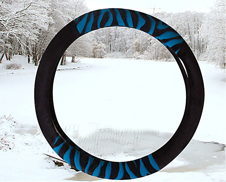 Fringe Zebra Print Car Steering Wheel Wrap Velvet 15 Inch 38CM - Black Blue