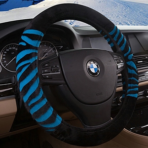 Fringe Zebra Print Car Steering Wheel Wrap Velvet 15 Inch 38CM - Black Blue