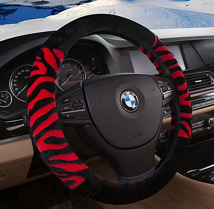 Fringe Zebra Print Car Steering Wheel Wrap Velvet 15 Inch 38CM - Black Red