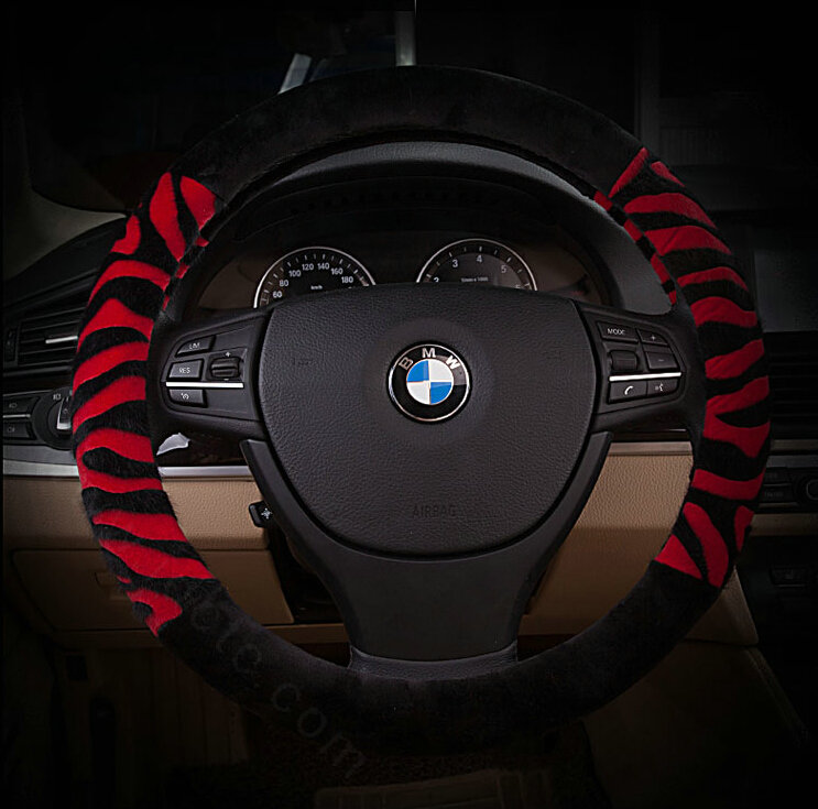 Fringe Zebra Print Car Steering Wheel Wrap Velvet 15 Inch 38CM - Black Red