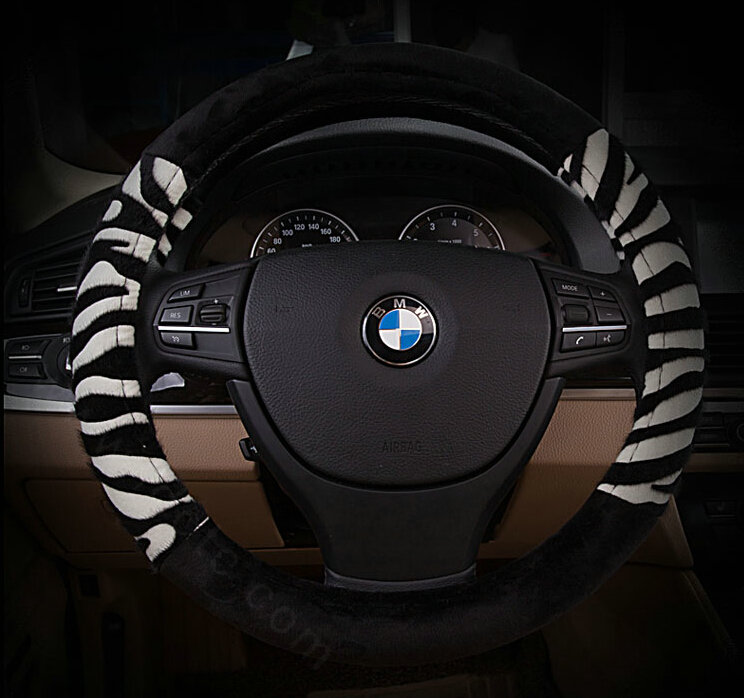 Fringe Zebra Print Car Steering Wheel Wrap Velvet 15 Inch 38CM - Black White