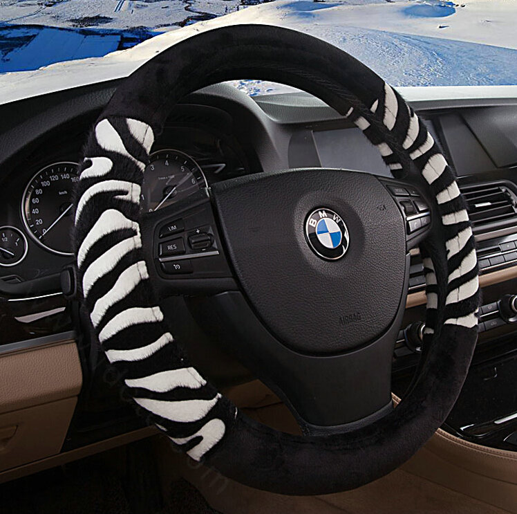 Fringe Zebra Print Car Steering Wheel Wrap Velvet 15 Inch 38CM - Black White
