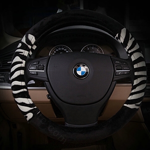 Fringe Zebra Print Car Steering Wheel Wrap Velvet 15 Inch 38CM - Black White