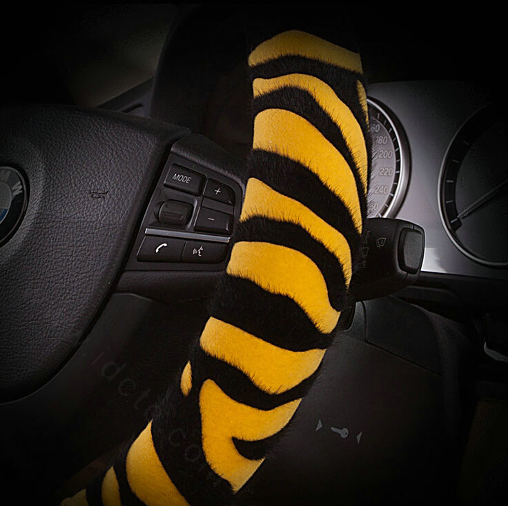 Fringe Zebra Print Car Steering Wheel Wrap Velvet 15 Inch 38CM - Black Yellow