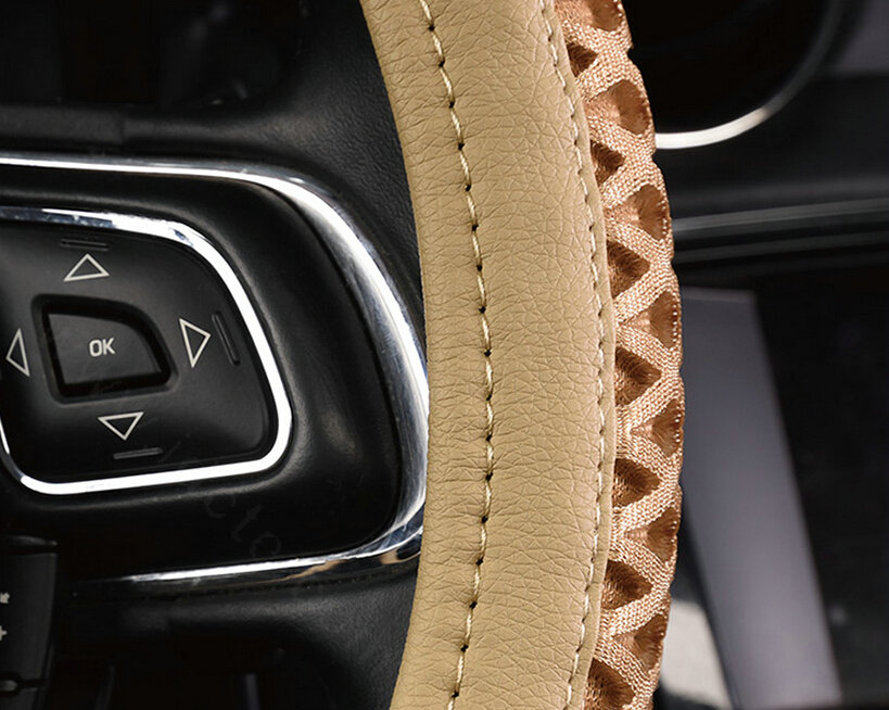 Fun Car Steering Wheel Wrap Ice Silk PU Leather 15 Inch 38CM - Beige