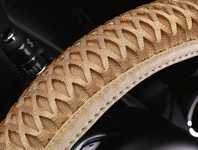 Fun Car Steering Wheel Wrap Ice Silk PU Leather 15 Inch 38CM - Beige