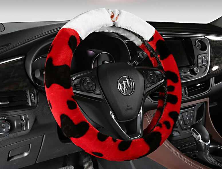 Fun Leopard Print Auto Steering Wheel Wrap Velvet 15 Inch 38CM - Red