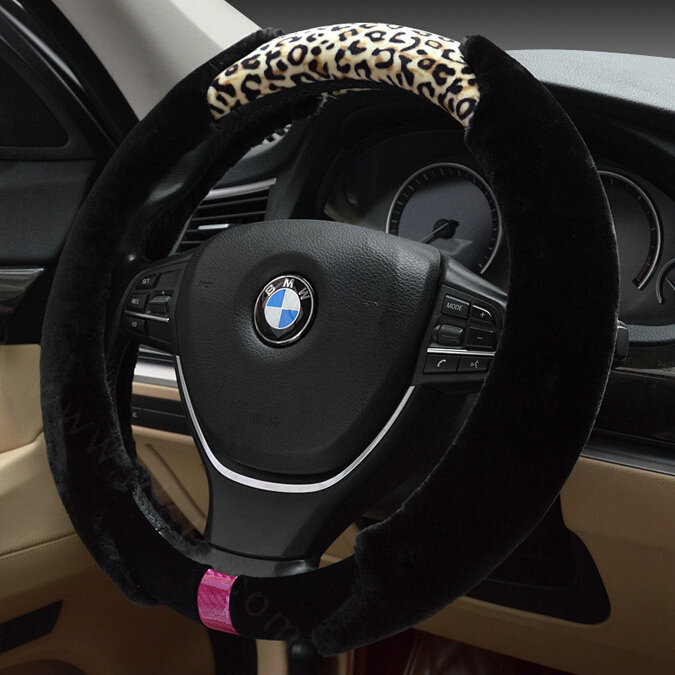 Fun Leopard Print Car Steering Wheel Wrap Velvet 15 Inch 38CM - Black Beige