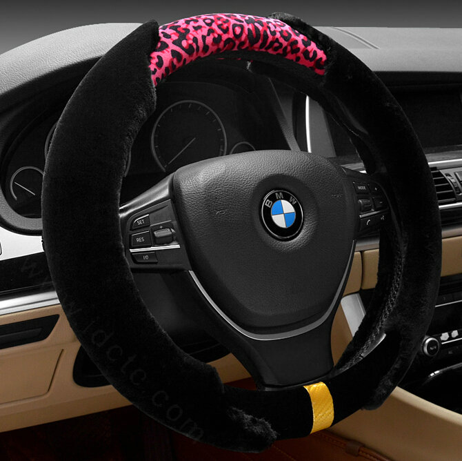 Fun Leopard Print Car Steering Wheel Wrap Velvet 15 Inch 38CM - Black Red