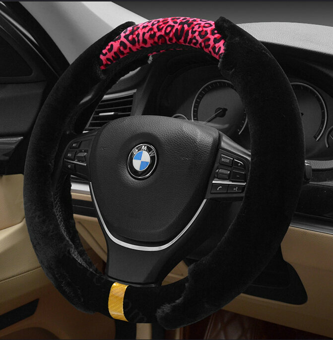 Fun Leopard Print Car Steering Wheel Wrap Velvet 15 Inch 38CM - Black Red