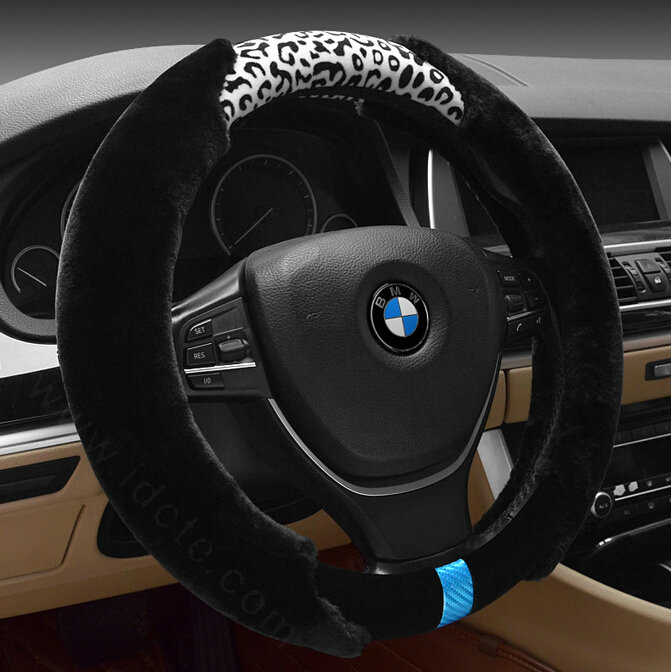 Fun Leopard Print Car Steering Wheel Wrap Velvet 15 Inch 38CM - Black White