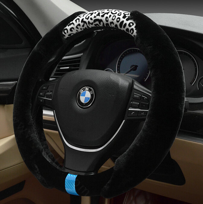 Fun Leopard Print Car Steering Wheel Wrap Velvet 15 Inch 38CM - Black White