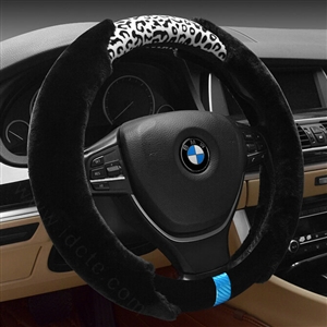 Fun Leopard Print Car Steering Wheel Wrap Velvet 15 Inch 38CM - Black White