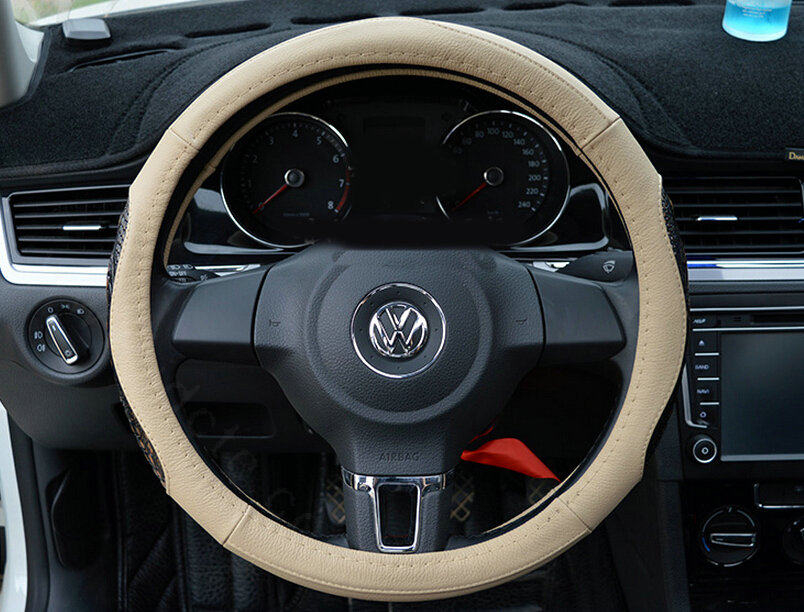 Fun Snake Print Auto Steering Wheel Covers Crocodile Leather 15 Inch 38CM - Beige