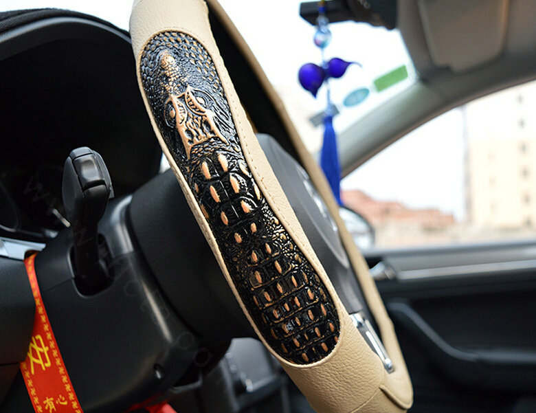Fun Snake Print Auto Steering Wheel Covers Crocodile Leather 15 Inch 38CM - Beige