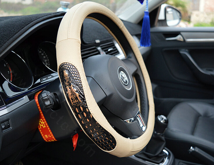Fun Snake Print Auto Steering Wheel Covers Crocodile Leather 15 Inch 38CM - Beige