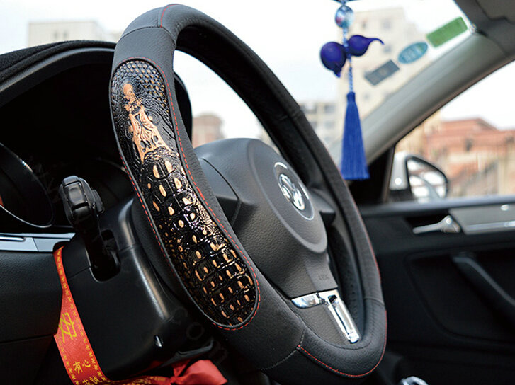 Fun Snake Print Auto Steering Wheel Covers Crocodile Leather 15 Inch 38CM - Black