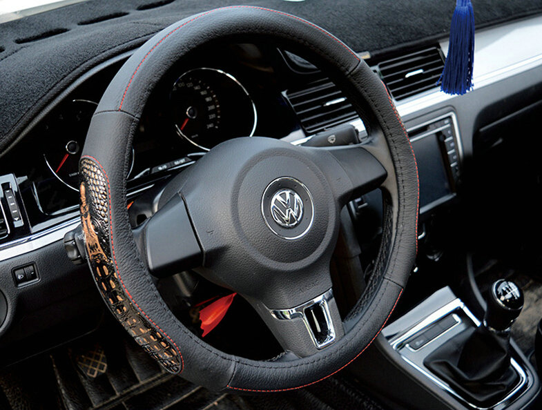 Fun Snake Print Auto Steering Wheel Covers Crocodile Leather 15 Inch 38CM - Black