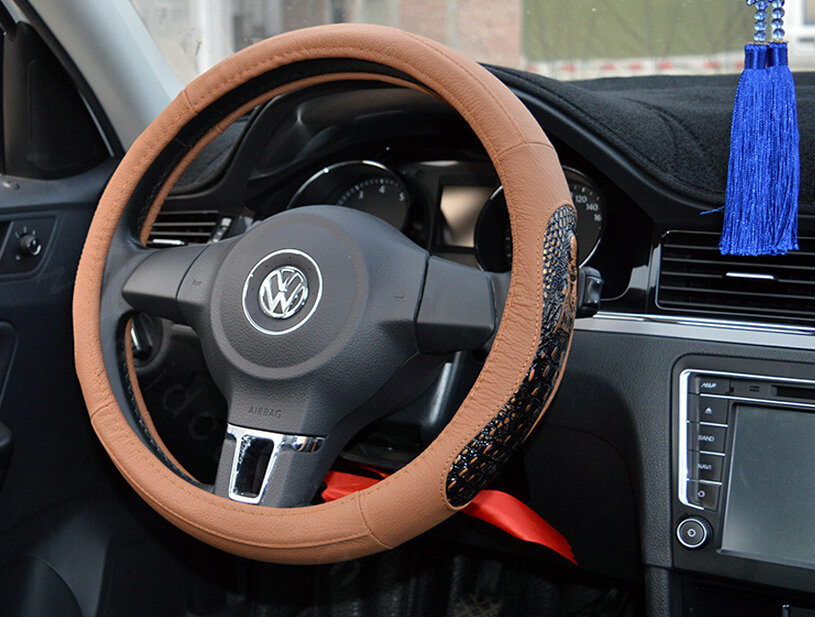 Fun Snake Print Auto Steering Wheel Covers Crocodile Leather 15 Inch 38CM - Brown