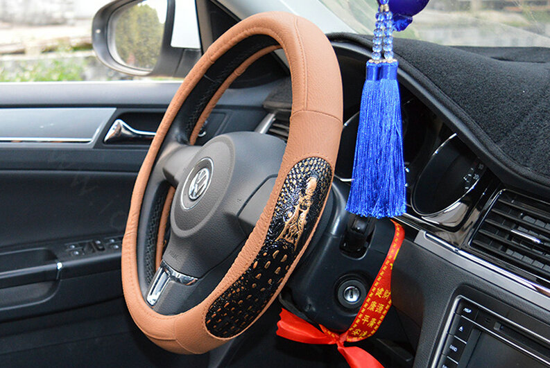 Fun Snake Print Auto Steering Wheel Covers Crocodile Leather 15 Inch 38CM - Brown