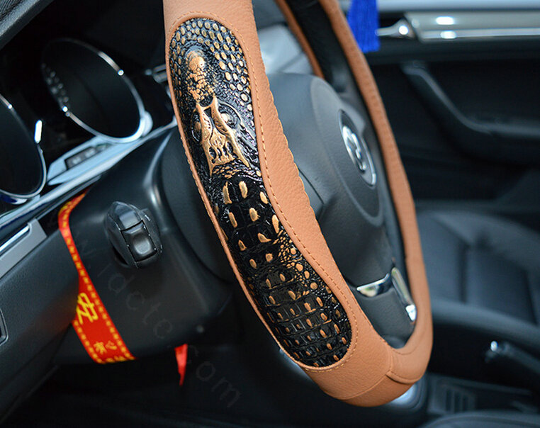 Fun Snake Print Auto Steering Wheel Covers Crocodile Leather 15 Inch 38CM - Brown