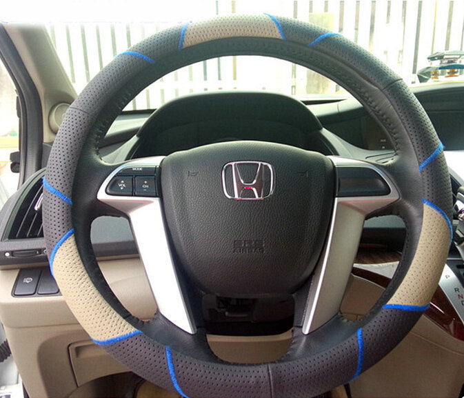 Funky Car Steering Wheel Covers Cow Genuine Leather 15 Inch 38CM - Black Blue